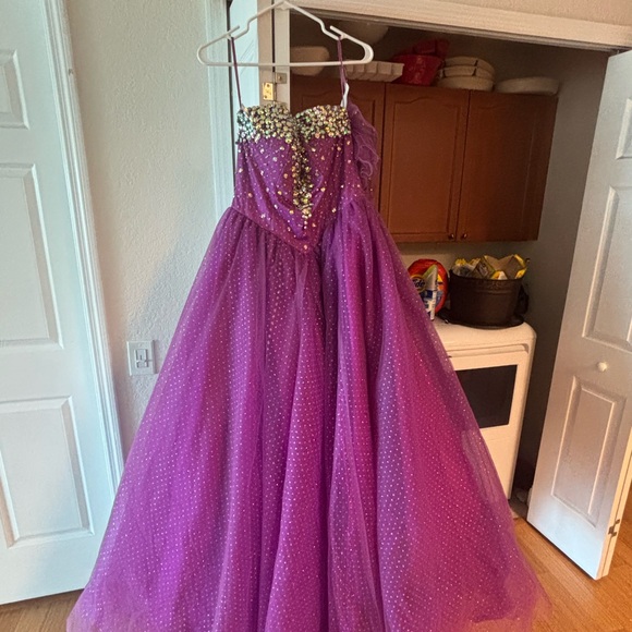 Allure Bridals Purple Sequin Tulle Ball Gown with Puffy Sleeves - Picture 13 of 17